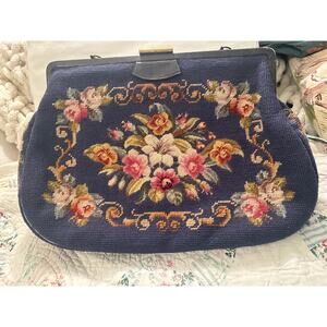 GIANT VINTAGE 50's 60's DENIM BLUE NEEDLEPOINT FLORAL FRAME BAG